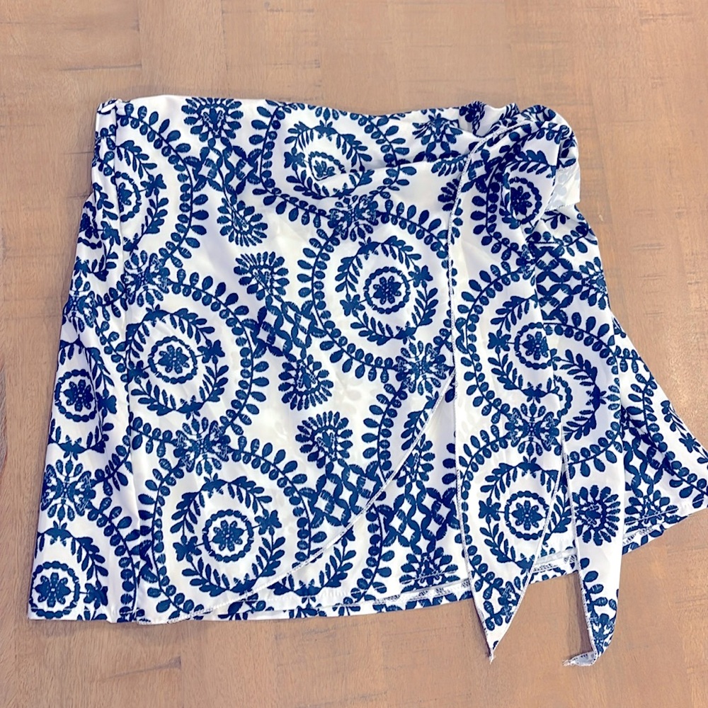 SHEIN Vacay Blue & White Side Zip Elastic Back Wrap Skirt 0XL Vacation NWT